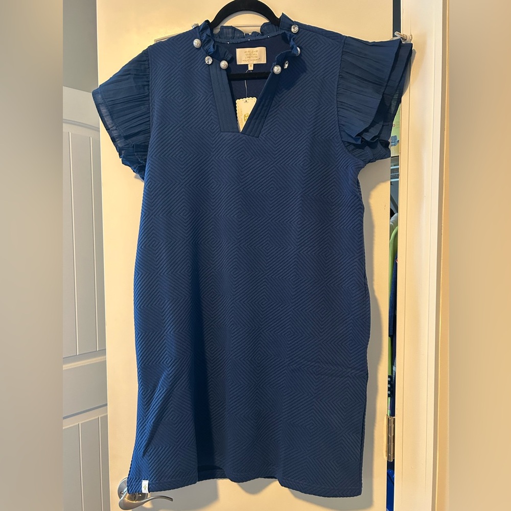 Simply Southern Navy Blue Textured Midi Dress with Pleated Sleeves